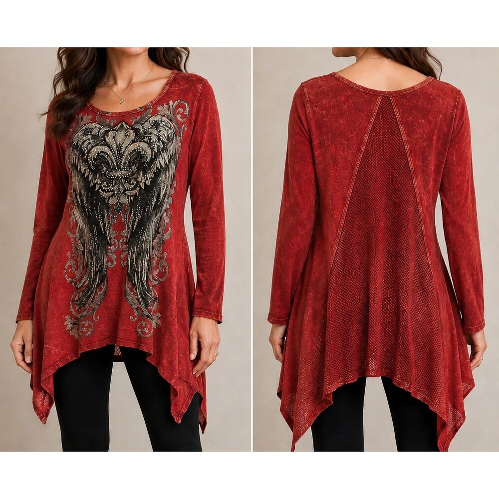 VOCAL SHIRT ANGEL WINGS bling TUNIC, mesh back, handkerchief hem, no size